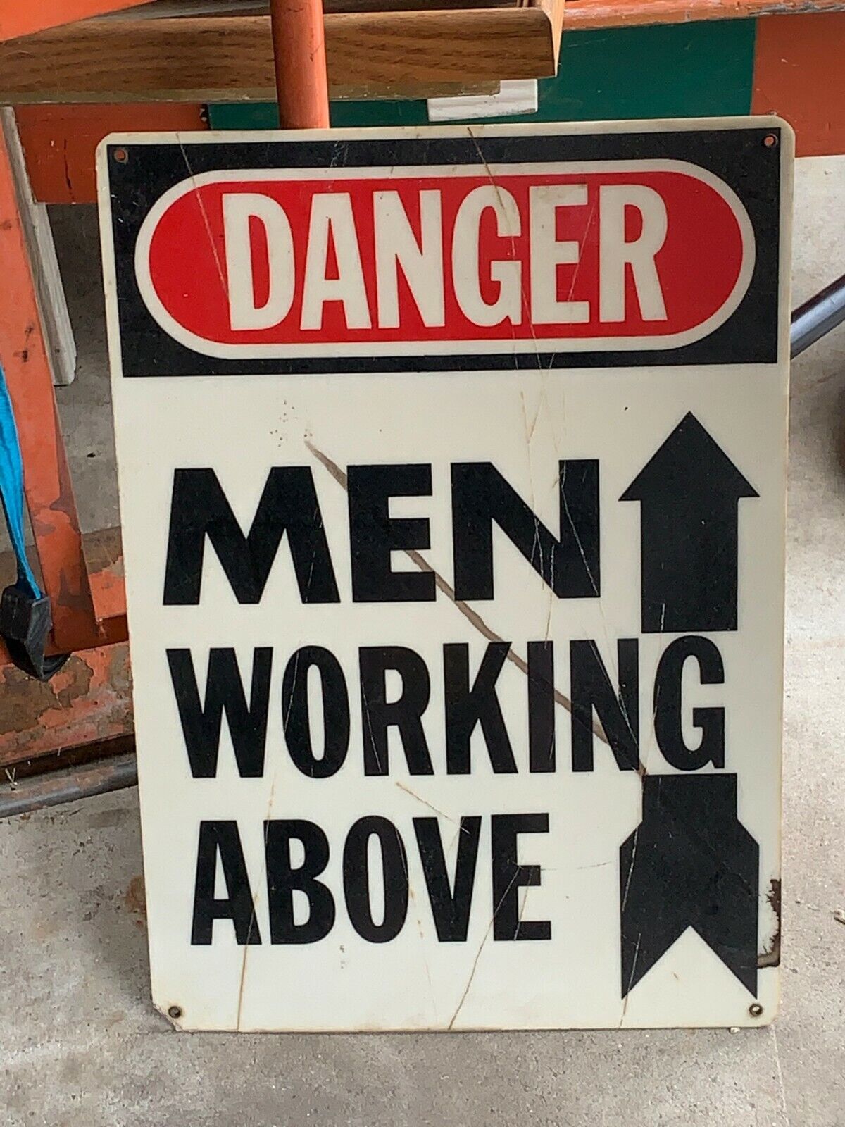 Danger Men Working Above Sign Vintage Mining Or Construction Very Heavy Plastic