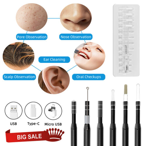 Led Endoscope Otoscope Camera Tool Ear Cleaning Wax Pick Cleaner Removal Kit Hd