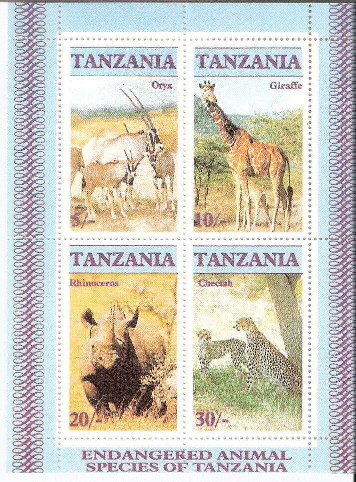 Tanzania 1986 Endangered Wildlife Giraffe Oryx Cheetah Rhino S/s Mnh (sc# 322a)