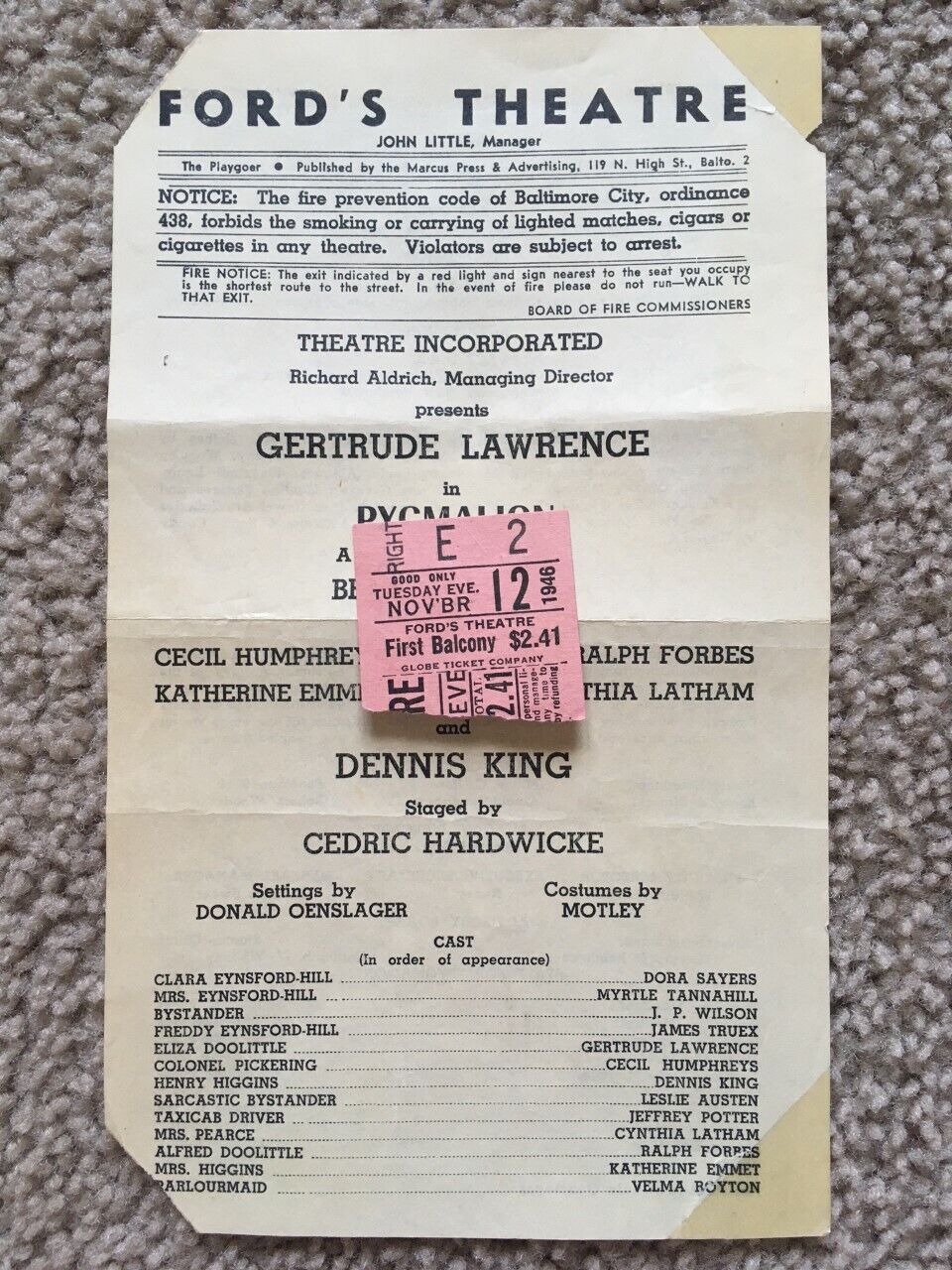 Vintage 1946 Ford's Theatre Pygmalion Baltimore Md Handbill & Ticket Stub