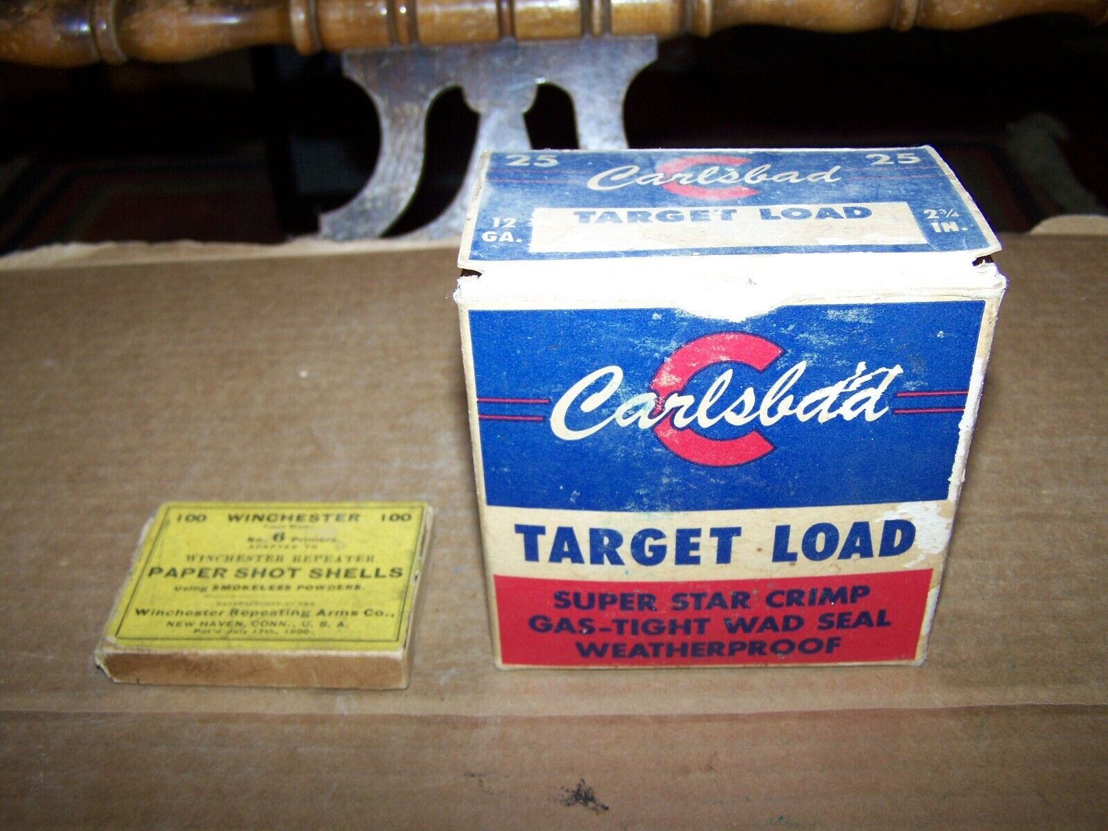 Empty 12 Gauge Carlsbad Target Load Shot Shell Box & 1900 Winchester Primer Box