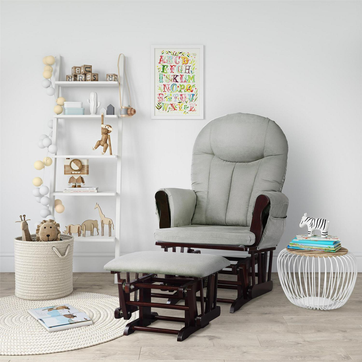 Nursery Glider Rocker Chair With Ottoman And Storage Espresso Wood Gray Cushions