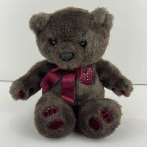 Vintage Dakin Teddy Bear Plush Stuffed Animal Brown Heart Bow Maroon 1987