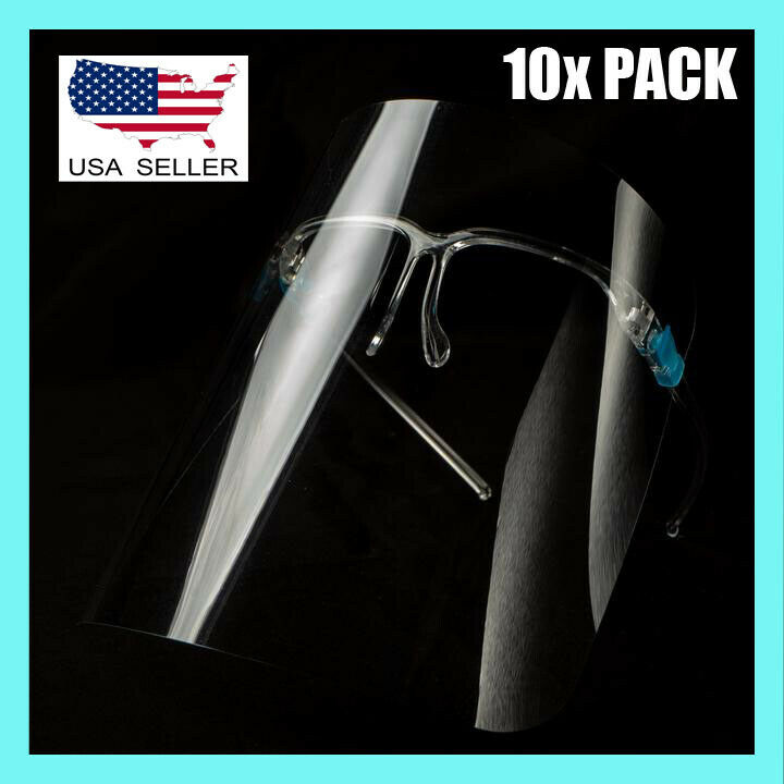 10 Pack - Full Face Shield Reusable - Clear Glasses Frames Anti-fog Protector